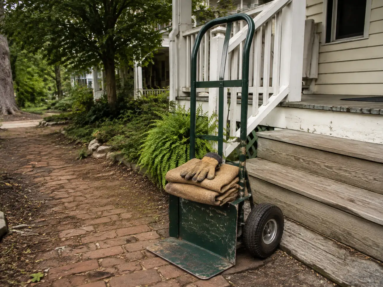 Furniture dolly, moving blanket and work gloves beside a shaded front porch